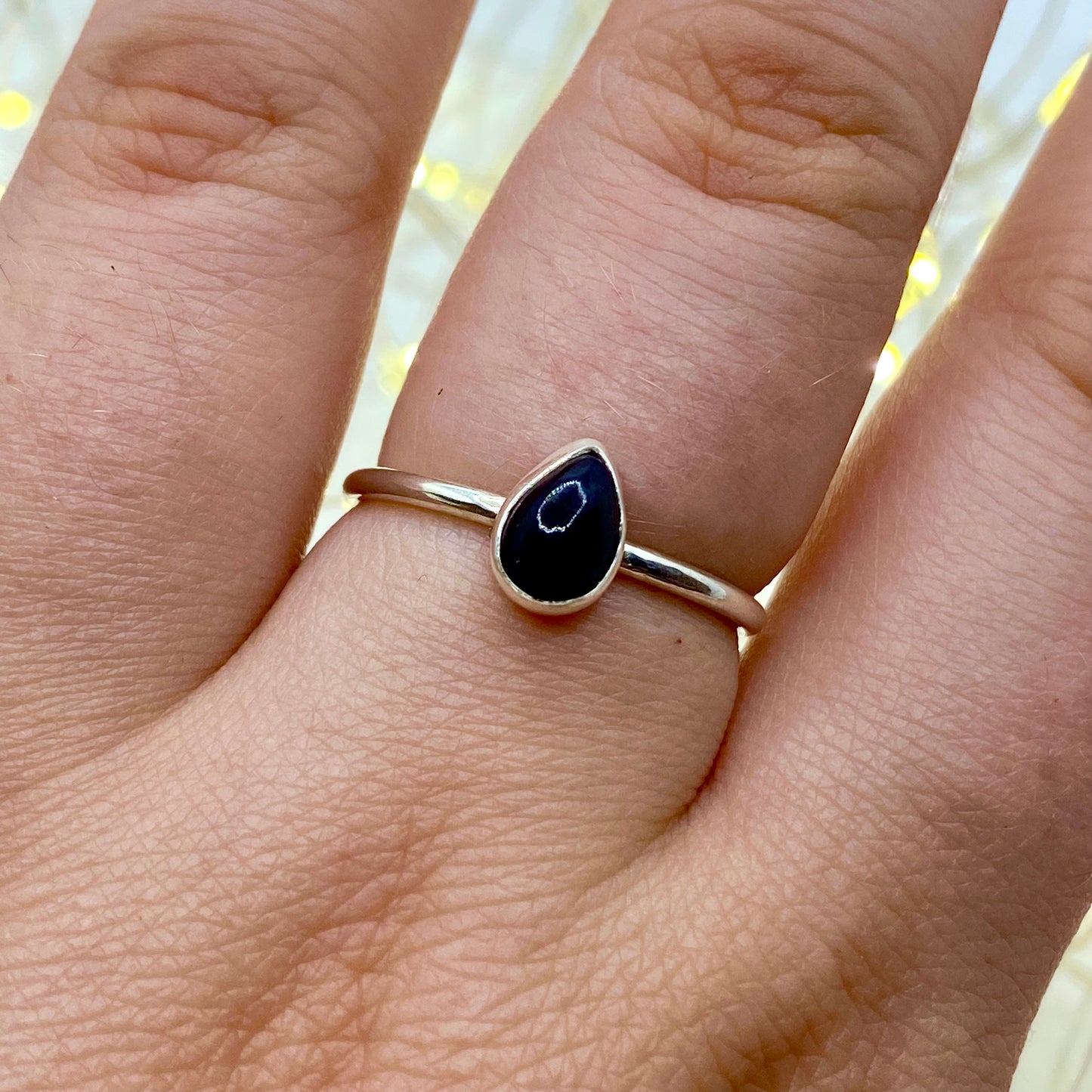 Black Opal Teardrop Dainty Ring