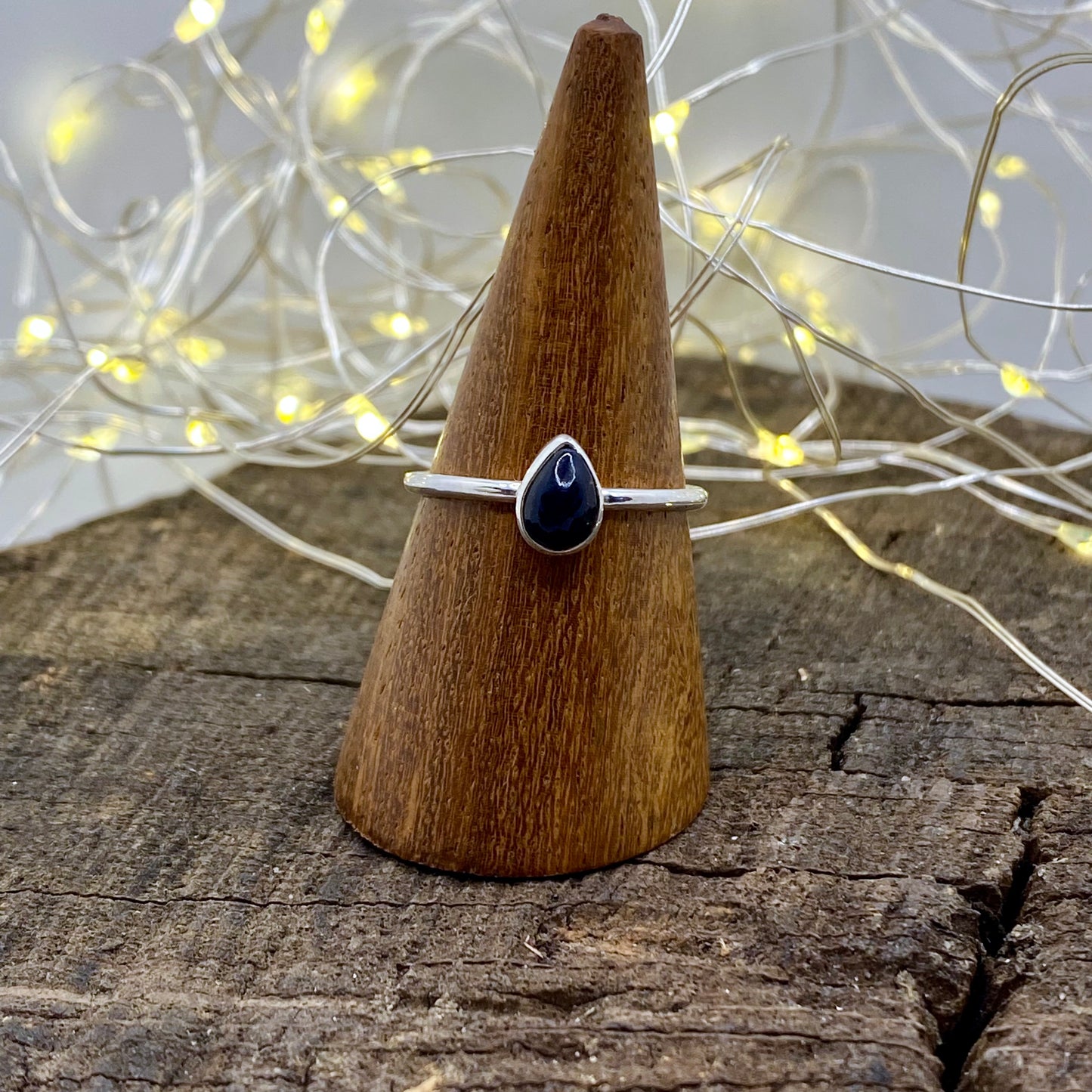 Black Opal Teardrop Dainty Ring