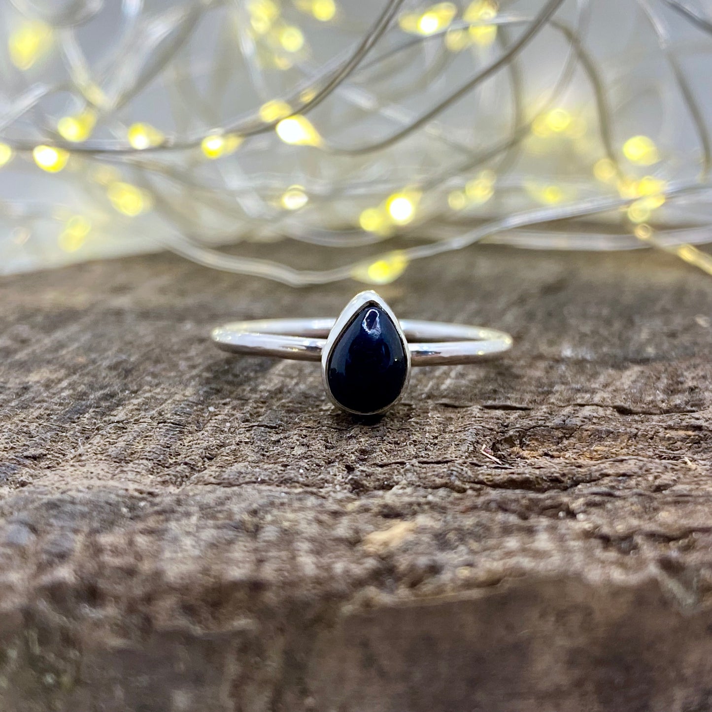 Black Opal Teardrop Dainty Ring