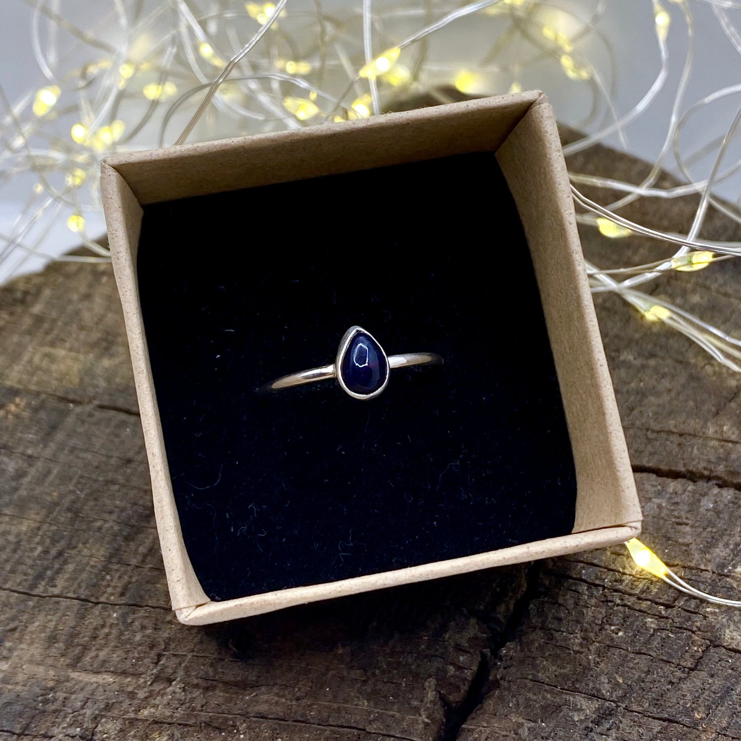 Black Opal Teardrop Dainty Ring