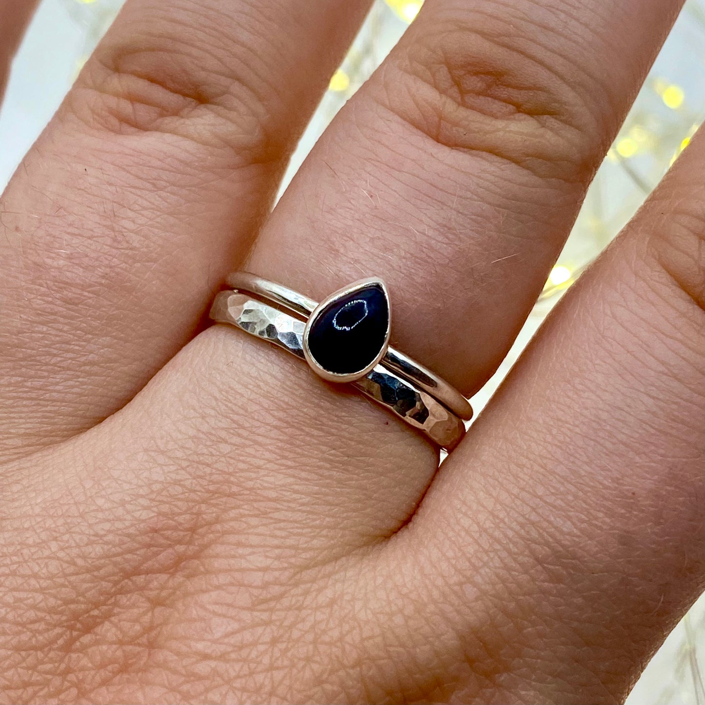 Black Opal Teardrop Dainty Ring