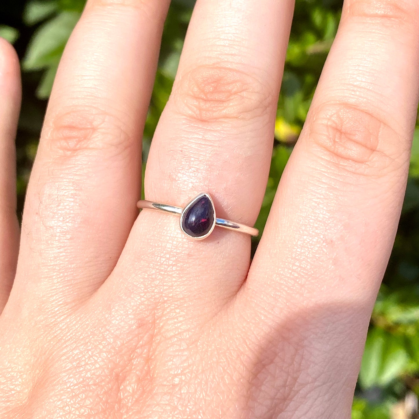 Black Opal Teardrop Dainty Ring