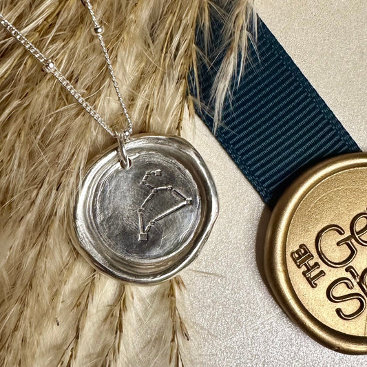 Silver necklace with a wax seal pendant on a textured surface with 'The Gem Shed' branding.