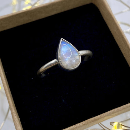 Rainbow Moonstone Teardrop Ring