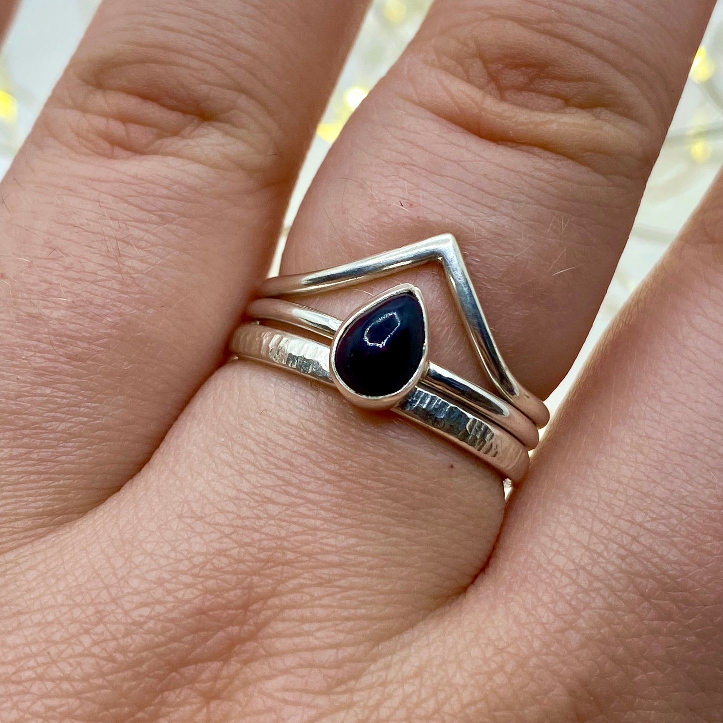 Black Opal Teardrop Dainty Ring